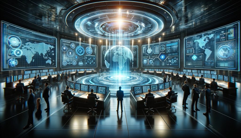 A futuristic IT command center with diverse professionals using holographic displays for managed services. 
