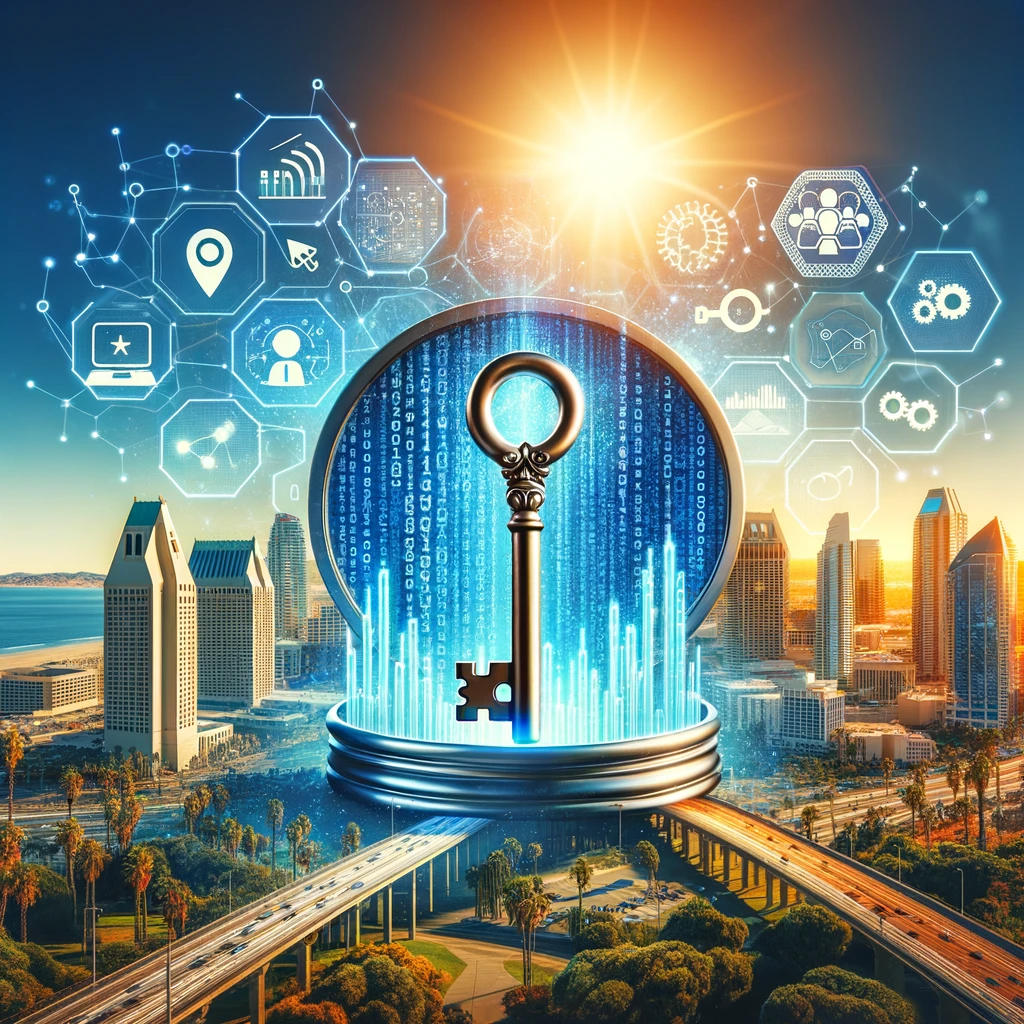 A symbolic key unlocking a vibrant digital screen with graphs, binary code, and SEO icons, against the San Diego skyline with palm silhouettes.