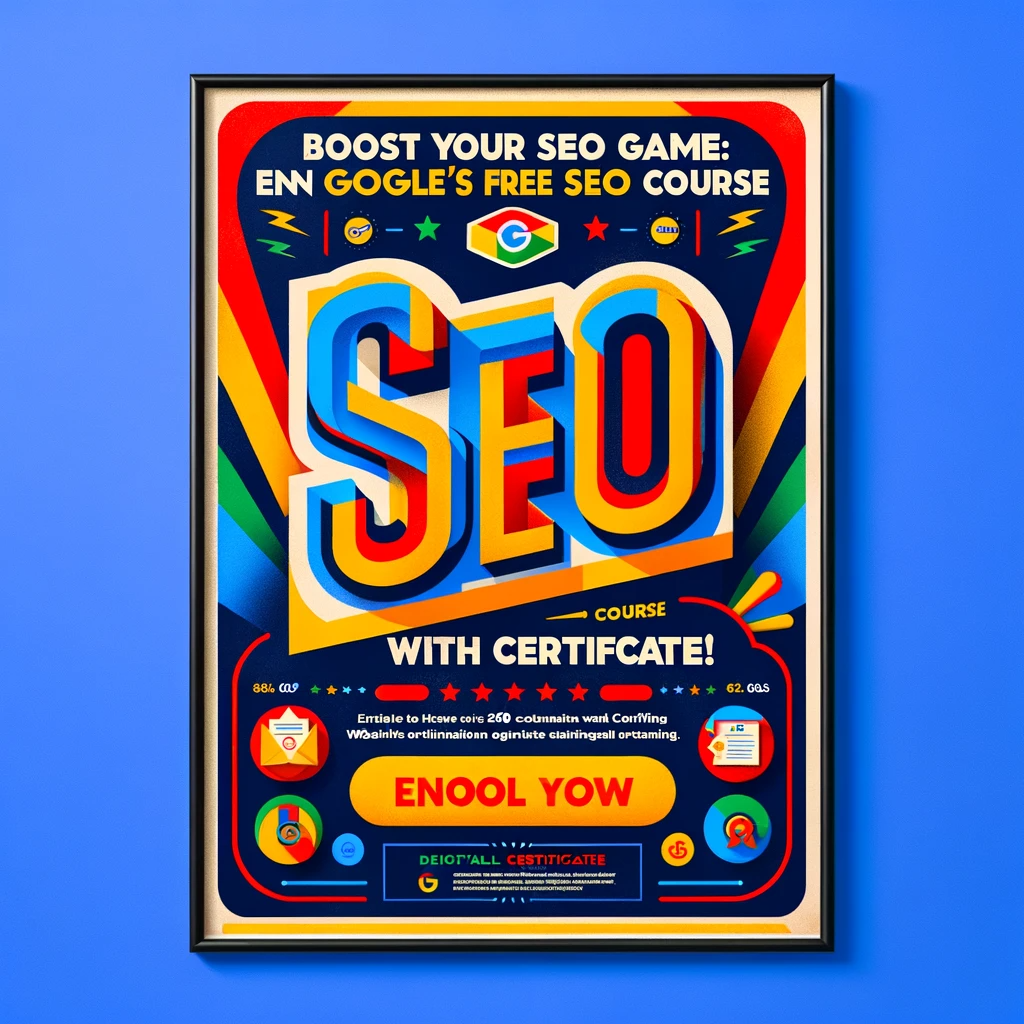 Promotional poster showcasing Google's free SEO course with certification. Features bold 'SEO' lettering in Google's colors, with icons for optimization and growth.