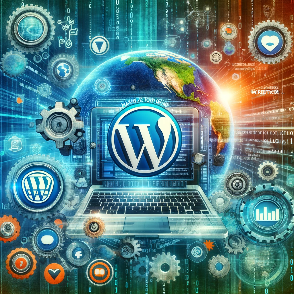 Digital collage featuring a laptop screen with WordPress logo, surrounded by SEO graphs, social media icons, and gears for optimization against a backdrop of binary code and a globe.